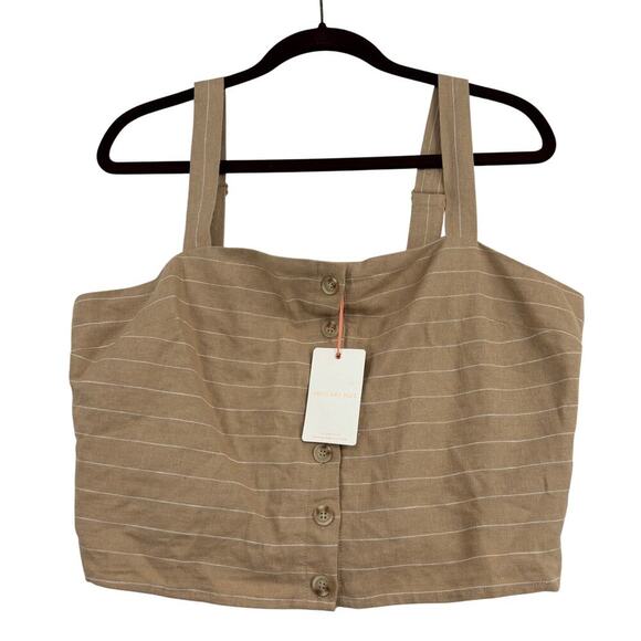 Skies Are Blue Crop Tank Top Size L Beige Stripe Linen Blend Smocked Back - Picture 1 of 11